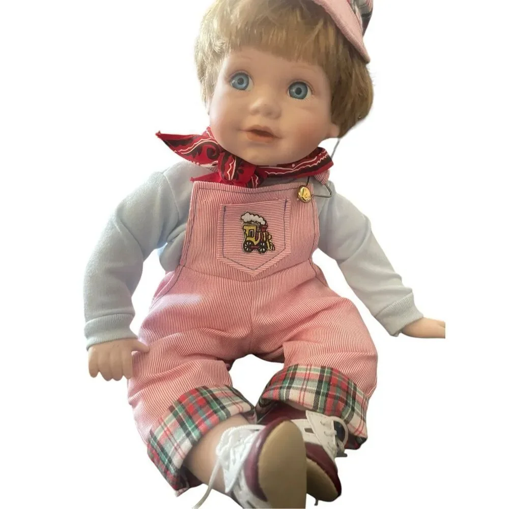 Unbranded Kids Pink White Overalls Hat Porcelain Doll